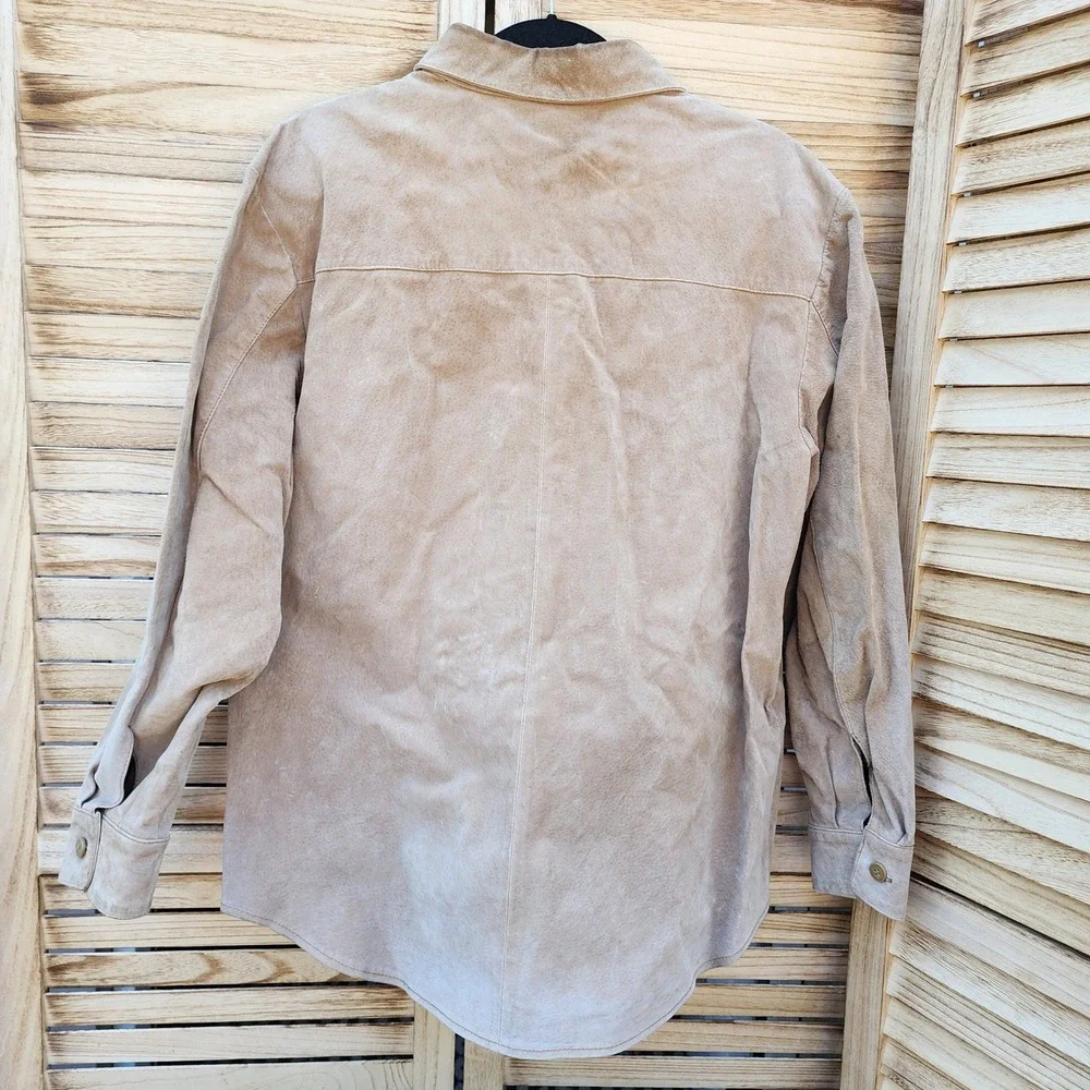 New Frontier Large Tan 100% Suede Leather Shirt Jacket Western Boho Minimalist